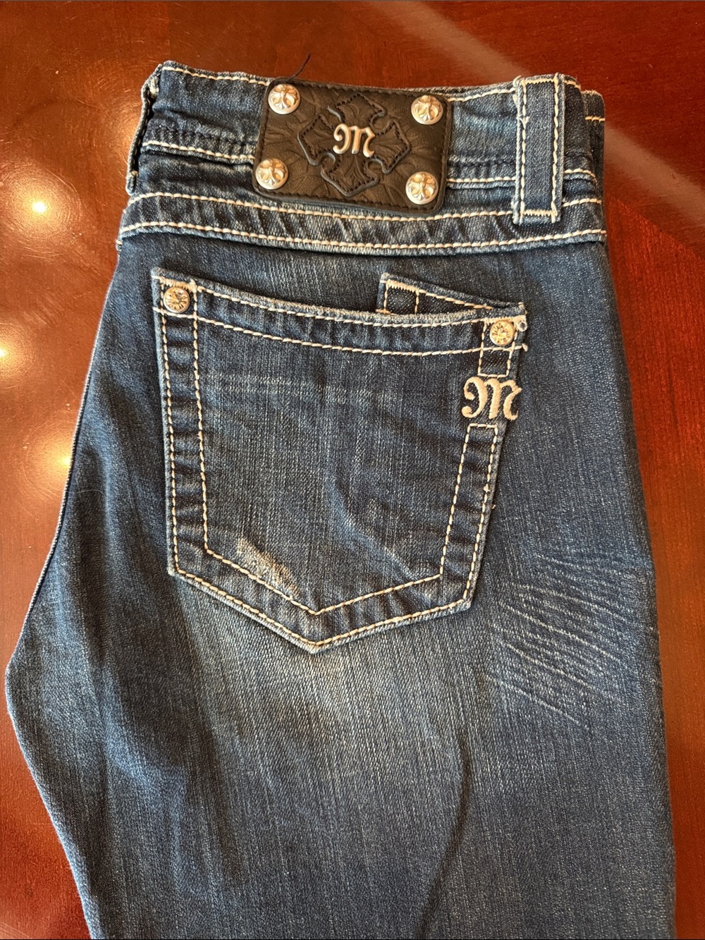 Miss Me Dark Blue tapered Jean with Embroidered Pocket w rhinestones